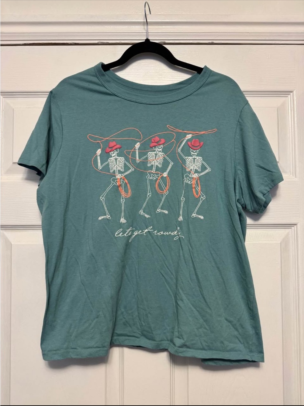 Teal Women’s Graphic Tee with Dancing Skeletons